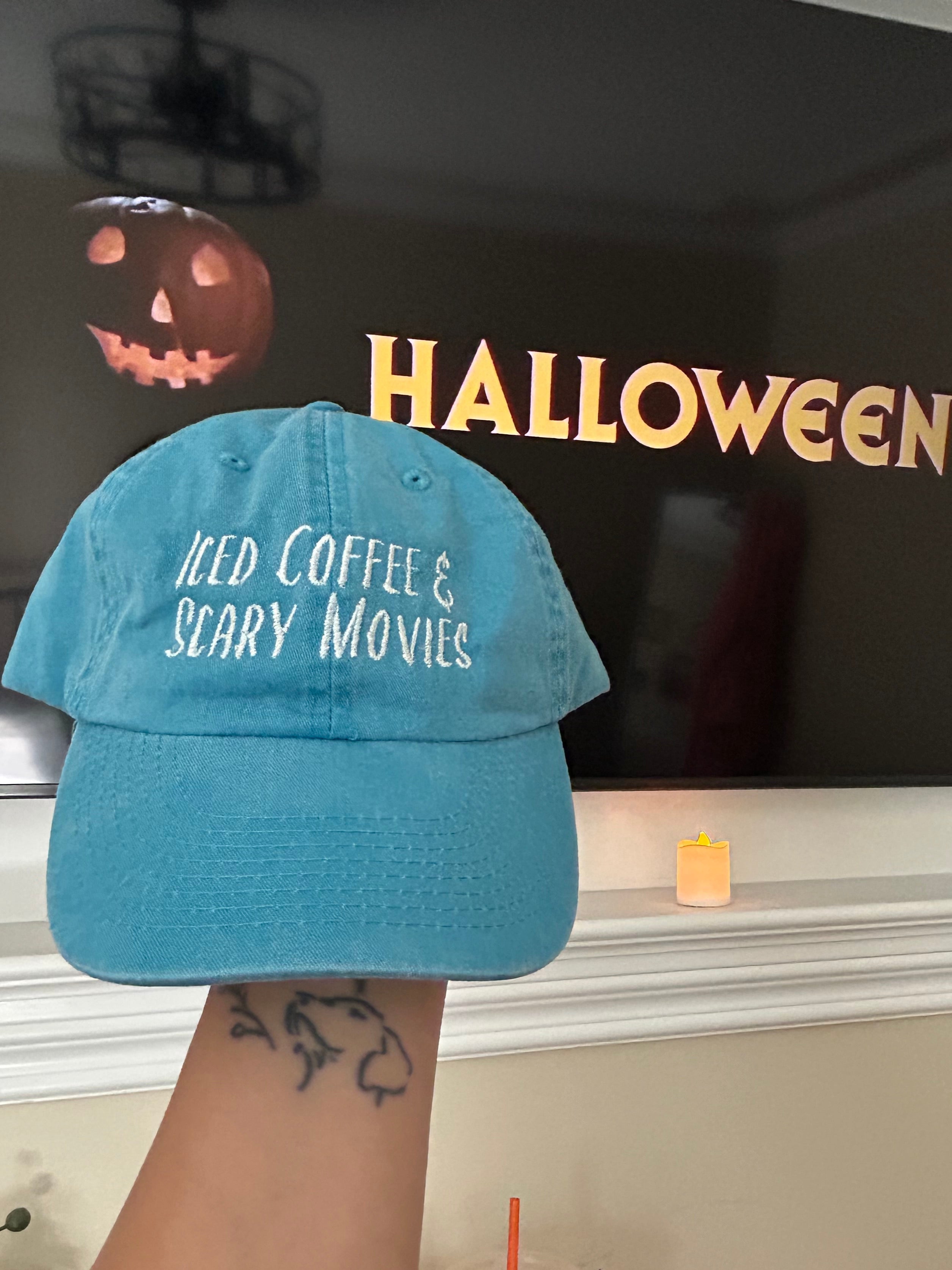 Iced Coffee & Scary Movies — Embroidered Washed Dad Hat (Teal)