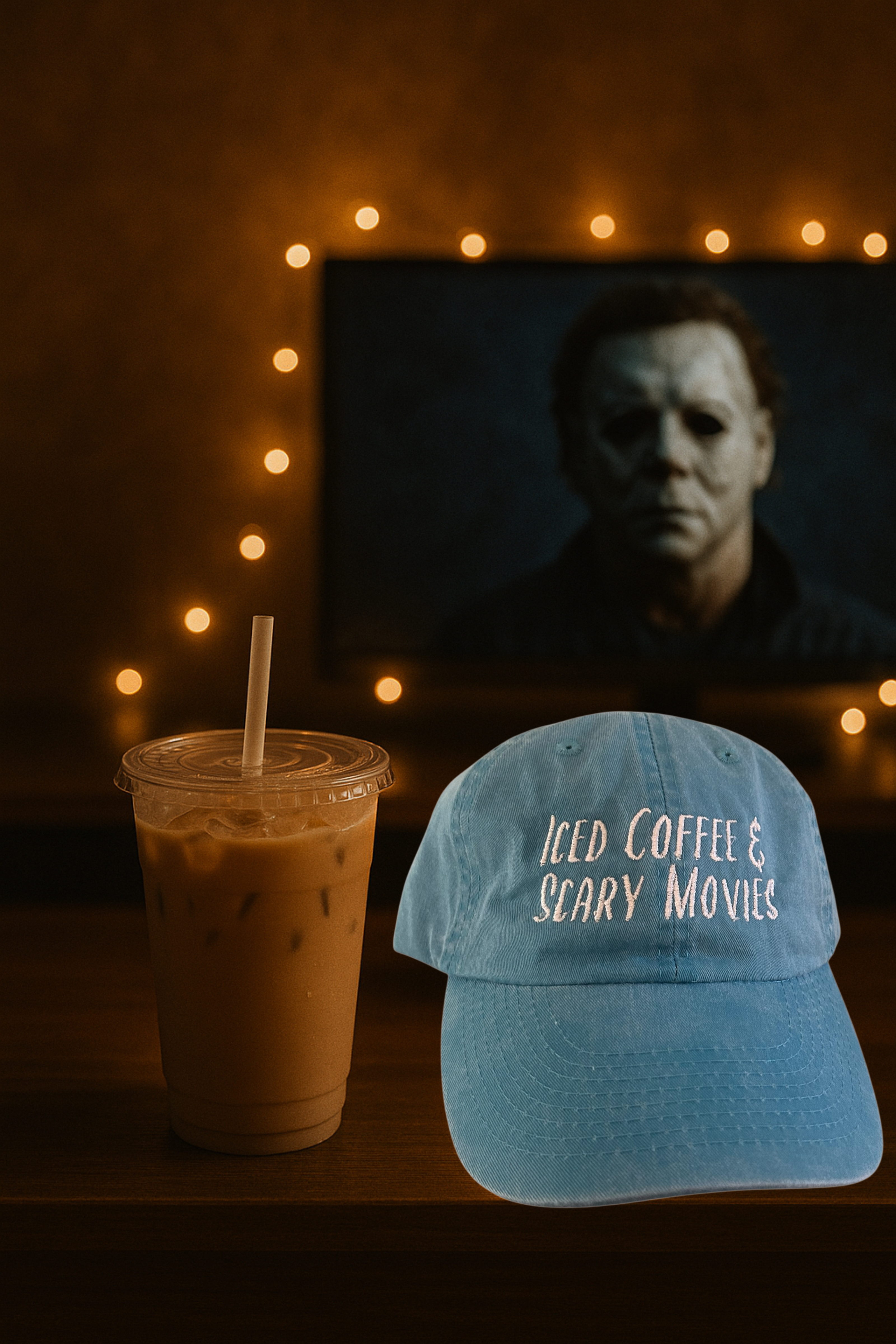 Iced Coffee & Scary Movies — Embroidered Washed Dad Hat (Teal)