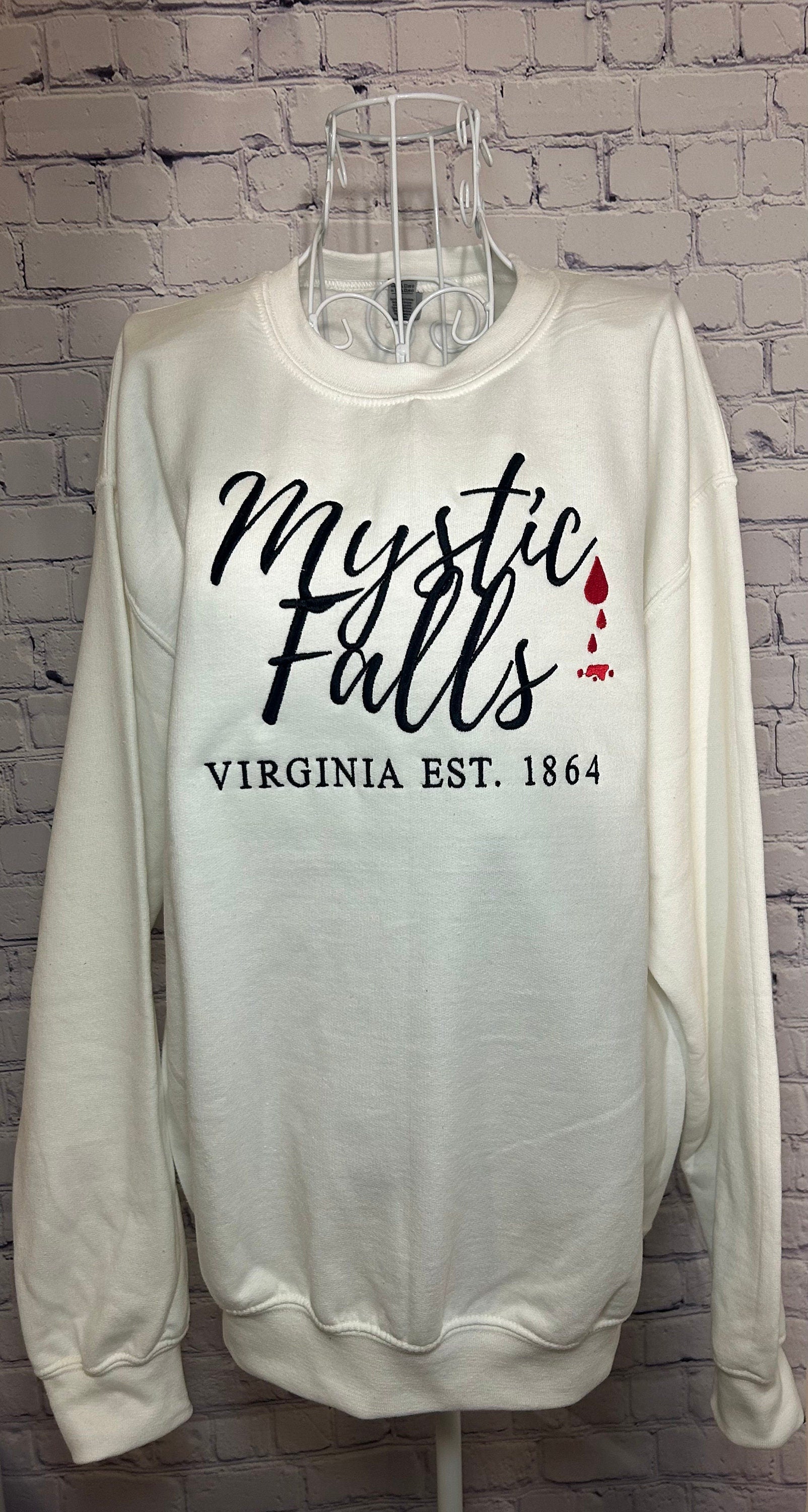 Mystic Falls Embroidered Crewneck TVD Sweatshirt the Vampire Diaries T Shirt Cozy Fandom Sweater Personalized TVD Gift Damon Salvatore Shirt
