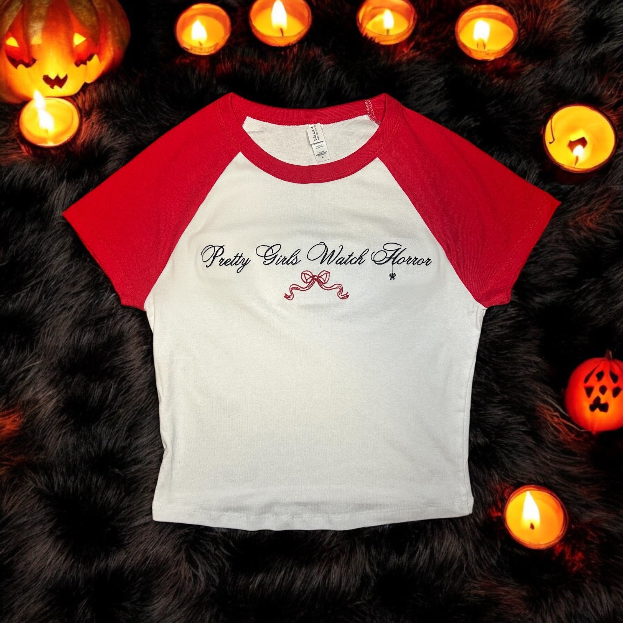 Horror Fan Embroidered Baby Tee Horror Fan Gift Girls Horror Shirt Gifts for Her Halloween Shirt Spooky Season Merch