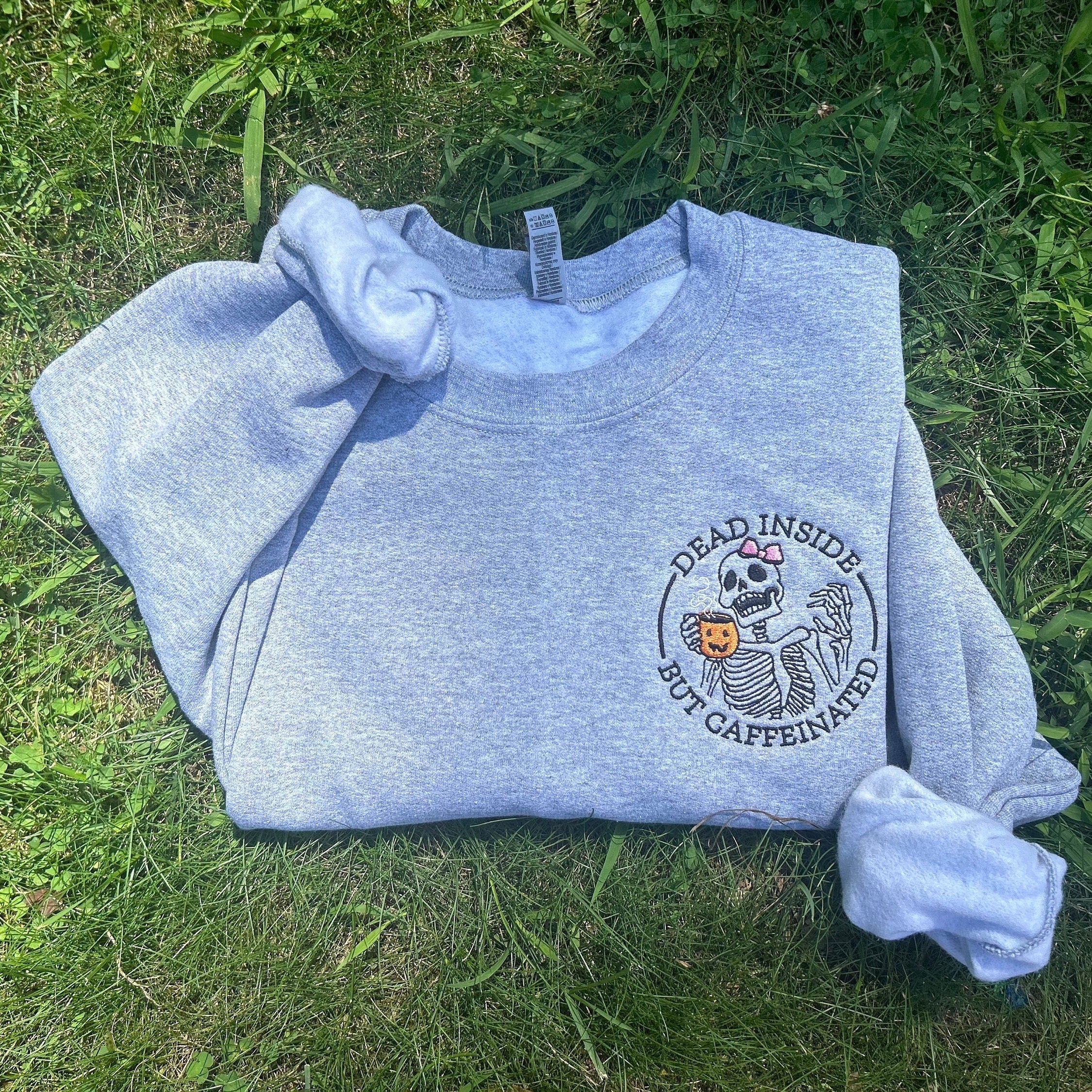 Embroidered Crewneck Dead Inside Skeleton Design Graphic Sweatshirt Statement Pullover Gothic Sweatshirt Unique Gift for Her Spooky Season