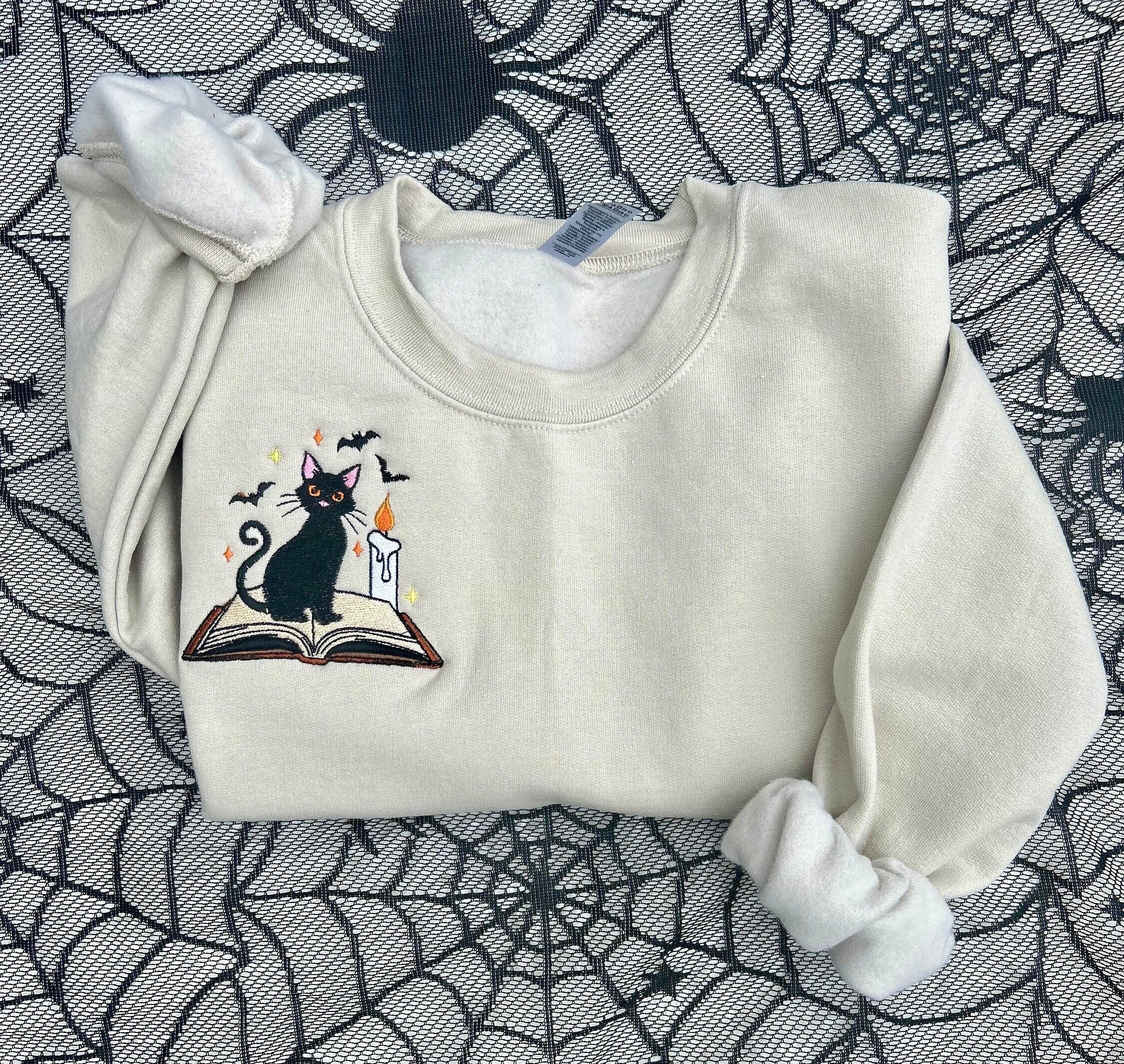 Halloween Embroidered Crewneck Season Cat Sweatshirt Gifts for Cat lovers Gifts for Book lovers Fall Sweatshirt Halloween Shirt Cat Shirt